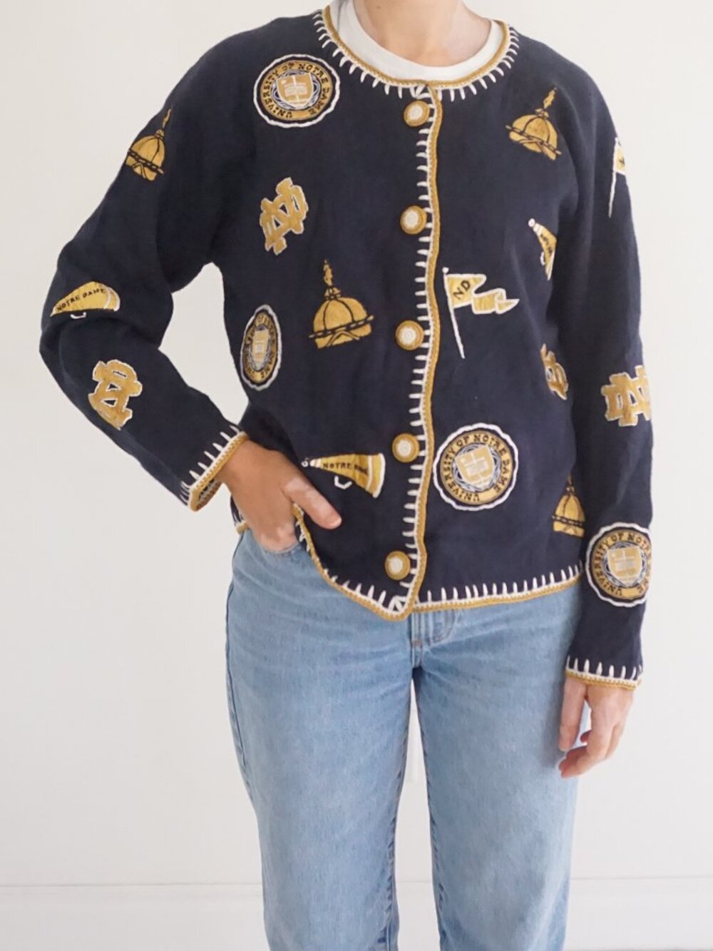 Vintage Castles Sport Navy Notre Dame Collegiate Crest Button Front Cardigan L